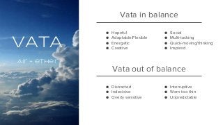 VATA
Air + ether
Vata in balance
Vata out of balance
● Hopeful
● Adaptable/Flexible
● Energetic
● Creative
● Social
● Multi-tasking
● Quick-moving/thinking
● Inspired
● Distracted
● Indecisive
● Overly sensitive
● Interruptive
● Worn too thin
● Unpredictable
 