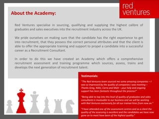 About the Academy:

 Red Ventures specialise in sourcing, qualifying and supplying the highest calibre of
 graduates and sales executives into the recruitment industry across the UK.

 We pride ourselves on making sure that the candidate has the right experience to get
 into recruitment, that they possess the correct personal attributes and that the client is
 able to offer the appropriate training and support to propel a candidate into a successful
 career as a Recruitment Consultant.

 In order to do this we have created an Academy which offers a comprehensive
 recruitment assessment and training programme which sources, assess, trains and
 develops the next generation of recruitment talent.

                                               Testimonials:
                                               “The Red Ventures team sourced me some amazing companies – I
                                               was so impressed by the quality of companies I was meeting –
                                               Thanks Greg, Nikki, Carra and Matt – your help and ongoing
                                               support has been fantastic throughout the process!”

                                               “Being able to tap into this level of quality of graduates and sales
                                               consultants is invaluable to our business and we will be working
                                               with Red Ventures exclusively for all our trainee hires from now on.”

                                               “I have attended one of the assessment centres and as a client the
                                               quality of the assessing is excellent and the candidates we have now
                                               gone on to meet have been of the highest quality.”
 