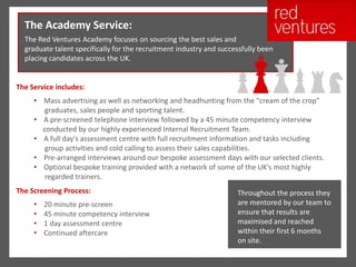 The Academy Service:
  The Red Ventures Academy focuses on sourcing the best sales and
  graduate talent specifically for the recruitment industry and successfully been
  placing candidates across the UK.


The Service includes:
     • Mass advertising as well as networking and headhunting from the "cream of the crop"
        graduates, sales people and sporting talent.
     • A pre-screened telephone interview followed by a 45 minute competency interview
       conducted by our highly experienced Internal Recruitment Team.
     • A full day's assessment centre with full recruitment information and tasks including
        group activities and cold calling to assess their sales capabilities.
     • Pre-arranged interviews around our bespoke assessment days with our selected clients.
     • Optional bespoke training provided with a network of some of the UK's most highly
        regarded trainers.
The Screening Process:                                               Throughout the process they
     •   20 minute pre-screen                                        are mentored by our team to
     •   45 minute competency interview                              ensure that results are
     •   1 day assessment centre                                     maximised and reached
     •   Continued aftercare                                         within their first 6 months
                                                                     on site.
 