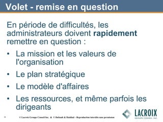 Volet - remise en question
En période de difficultés, les
administrateurs doivent rapidement
remettre en question :
• La mission et les valeurs de
l'organisation
• Le plan stratégique
• Le modèle d'affaires
• Les ressources, et même parfois les
dirigeants
28 © Lacroix Groupe Conseil Inc. & © DuSault & Haddad – Reproduction interdite sans permission
 