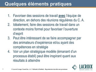 Quelques éléments pratiques
1. Favoriser des sessions de travail avec l’équipe de
direction, en dehors des réunions régulières du C. A.
2. Idéalement, faire des sessions de travail dans un
contexte moins formel pour favoriser l’ouverture
d’esprit
3. Peut être intéressant de se faire accompagner par
des animateurs d’expérience et/ou ayant des
compétences en stratégie
4. Voir un plan stratégique modèle (émanant d’un
processus établi) peut être inspirant quant aux
résultats à atteindre
33 © Lacroix Groupe Conseil Inc. & © DuSault & Haddad – Reproduction interdite sans permission
 