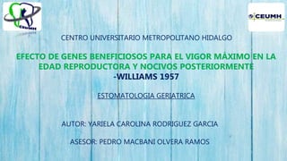 CENTRO UNIVERSITARIO METROPOLITANO HIDALGO
EFECTO DE GENES BENEFICIOSOS PARA EL VIGOR MÁXIMO EN LA
EDAD REPRODUCTORA Y NOCIVOS POSTERIORMENTE
-WILLIAMS 1957
ESTOMATOLOGIA GERIATRICA
AUTOR: YARIELA CAROLINA RODRIGUEZ GARCIA
ASESOR: PEDRO MACBANI OLVERA RAMOS
 