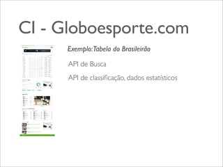 CI - Globoesporte.com
Exemplo:Tabela do Brasileirão
API de Busca
API de classiﬁcação, dados estatísticos

 