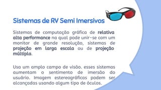 Sistemas de RV Semi Imersivos
Sistemas de computação gráfica de relativa
alta performance na qual pode unir-se com um
monitor de grande resolução, sistemas de
projeção em larga escala ou de projeção
múltipla.
Usa um amplo campo de visão. esses sistemas
aumentam o sentimento de imersão do
usuário. Imagem estereográficas podem ser
alcançadas usando algum tipo de óculos.
 