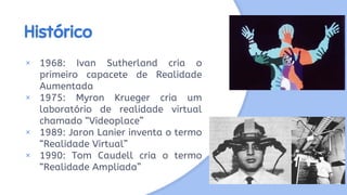 Histórico
× 1968: Ivan Sutherland cria o
primeiro capacete de Realidade
Aumentada
× 1975: Myron Krueger cria um
laboratório de realidade virtual
chamado “Videoplace”
× 1989: Jaron Lanier inventa o termo
“Realidade Virtual”
× 1990: Tom Caudell cria o termo
“Realidade Ampliada”
 