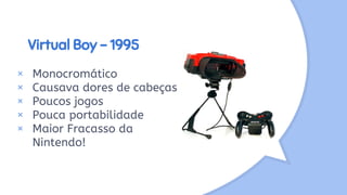 Virtual Boy - 1995
× Monocromático
× Causava dores de cabeças
× Poucos jogos
× Pouca portabilidade
× Maior Fracasso da
Nintendo!
 