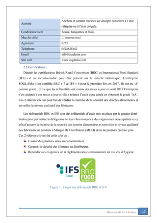 17Mémoire de fin d’études
Activité
Anchois et sardine marinés au vinaigre conservés à l’état
réfrigéré ou à l’état congelé.
Conditionnement Seaux, barquettes et blocs
Marché ciblé L’international
Agrément 6225
Téléphone 0528828462
Email info@soglama.com
Site web www.soglama.com
2.3.Certifications :
Détenir les certifications British Retail Consortium (BRC) et International Food Standard
(IFS) est un incontournable pour être présent sur le marché britannique. L’entreprise
SOGLAMA s’est certifiée BRC v 7 & IFS v 6 pour la première fois en 2017. Ils ont eu ‘A’
comme grade. Et vu que les référentiels ont connu des mises à jour en août 2018 l’entreprise
s’est adaptée à ces mises à jour et elle a relancé l’audit cette année en obtenant le grade ‘AA’.
Ces 2 référentiels ont pour but de vérifier la maitrise de la sécurité des denrées alimentaires et
surveiller le niveau qualitatif des fabricants.
Les référentiels BRC et IFS sont des référentiels d’audit mis en place par la grande distri-
bution pour permettre la délégation de leurs fournisseurs à des organismes tierce-parties et ce
afin d’assurer la maitrise de la sécurité des denrées alimentaires et surveiller le niveau qualitatif
des fabricants de produits à Marque De Distributeur (MDD) et/ou de produits premier prix.
Ces 2 référentiels ont été créés afin de :
Fournir des produits sains au consommateur.
Garantir la sécurité des aliments au distributeur.
Répondre aux exigences de la règlementation communautaire en matière d’hygiène.
Figure 1 : Logos des référentiels BRC & IFS
 