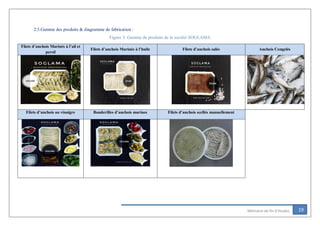 19Mémoire de fin d’études
2.5.Gamme des produits & diagramme de fabrication :
Figure 3: Gamme de produits de la société SOGLAMA
Filets d’anchois Marinés à l’ail et
persil
Filets d’anchois Marinés à l’huile Filets d’anchois salés Anchois Congelés
Filets d’anchois au vinaigre Banderilles d’anchois marines Filets d’anchois scellés manuellement
 