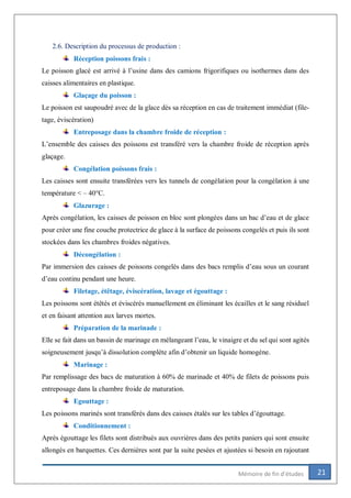 21Mémoire de fin d’études
2.6. Description du processus de production :
Réception poissons frais :
Le poisson glacé est arrivé à l’usine dans des camions frigorifiques ou isothermes dans des
caisses alimentaires en plastique.
Glaçage du poisson :
Le poisson est saupoudré avec de la glace dès sa réception en cas de traitement immédiat (file-
tage, éviscération)
Entreposage dans la chambre froide de réception :
L’ensemble des caisses des poissons est transféré vers la chambre froide de réception après
glaçage.
Congélation poissons frais :
Les caisses sont ensuite transférées vers les tunnels de congélation pour la congélation à une
température < – 40°C.
Glazurage :
Après congélation, les caisses de poisson en bloc sont plongées dans un bac d’eau et de glace
pour créer une fine couche protectrice de glace à la surface de poissons congelés et puis ils sont
stockées dans les chambres froides négatives.
Décongélation :
Par immersion des caisses de poissons congelés dans des bacs remplis d’eau sous un courant
d’eau continu pendant une heure.
Filetage, étêtage, éviscération, lavage et égouttage :
Les poissons sont étêtés et éviscérés manuellement en éliminant les écailles et le sang résiduel
et en faisant attention aux larves mortes.
Préparation de la marinade :
Elle se fait dans un bassin de marinage en mélangeant l’eau, le vinaigre et du sel qui sont agités
soigneusement jusqu’à dissolution complète afin d’obtenir un liquide homogène.
Marinage :
Par remplissage des bacs de maturation à 60% de marinade et 40% de filets de poissons puis
entreposage dans la chambre froide de maturation.
Egouttage :
Les poissons marinés sont transférés dans des caisses étalés sur les tables d’égouttage.
Conditionnement :
Après égouttage les filets sont distribués aux ouvrières dans des petits paniers qui sont ensuite
allongés en barquettes. Ces dernières sont par la suite pesées et ajustées si besoin en rajoutant
 