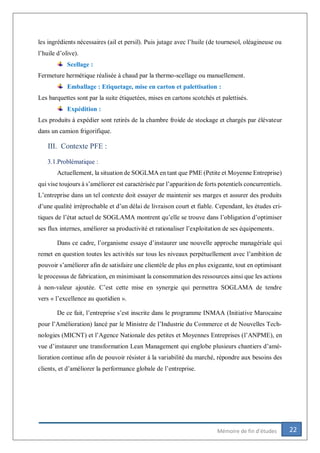 22Mémoire de fin d’études
les ingrédients nécessaires (ail et persil). Puis jutage avec l’huile (de tournesol, oléagineuse ou
l’huile d’olive).
Scellage :
Fermeture hermétique réalisée à chaud par la thermo-scellage ou manuellement.
Emballage : Etiquetage, mise en carton et palettisation :
Les barquettes sont par la suite étiquetées, mises en cartons scotchés et palettisés.
Expédition :
Les produits à expédier sont retirés de la chambre froide de stockage et chargés par élévateur
dans un camion frigorifique.
III. Contexte PFE :
3.1.Problématique :
Actuellement, la situation de SOGLMA en tant que PME (Petite et Moyenne Entreprise)
qui vise toujours à s’améliorer est caractérisée par l’apparition de forts potentiels concurrentiels.
L’entreprise dans un tel contexte doit essayer de maintenir ses marges et assurer des produits
d’une qualité irréprochable et d’un délai de livraison court et fiable. Cependant, les études cri-
tiques de l’état actuel de SOGLAMA montrent qu’elle se trouve dans l’obligation d’optimiser
ses flux internes, améliorer sa productivité et rationaliser l’exploitation de ses équipements.
Dans ce cadre, l’organisme essaye d’instaurer une nouvelle approche managériale qui
remet en question toutes les activités sur tous les niveaux perpétuellement avec l’ambition de
pouvoir s’améliorer afin de satisfaire une clientèle de plus en plus exigeante, tout en optimisant
le processus de fabrication, en minimisant la consommation des ressources ainsi que les actions
à non-valeur ajoutée. C’est cette mise en synergie qui permettra SOGLAMA de tendre
vers « l’excellence au quotidien ».
De ce fait, l’entreprise s’est inscrite dans le programme INMAA (Initiative Marocaine
pour l’Amélioration) lancé par le Ministre de l’Industrie du Commerce et de Nouvelles Tech-
nologies (MICNT) et l’Agence Nationale des petites et Moyennes Entreprises (l’ANPME), en
vue d’instaurer une transformation Lean Management qui englobe plusieurs chantiers d’amé-
lioration continue afin de pouvoir résister à la variabilité du marché, répondre aux besoins des
clients, et d’améliorer la performance globale de l’entreprise.
 