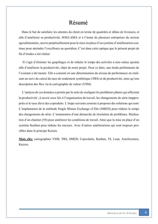 4Mémoire de fin d’études
Résumé
Dans le but de satisfaire les attentes du client en terme de quantités et délais de livraison, et
afin d’améliorer sa productivité, SOGLAMA et à l’instar de plusieurs entreprises du secteur
agroalimentaire, œuvre perpétuellement pour la mise en place d’un système d’amélioration con-
tinue pour atteindre l’excellence au quotidien, C’est dans cette optique que le présent projet de
fin d’études a été réalisé.
Il s’agit d’éliminer les gaspillages et de réduire le temps des activités à non-valeur ajoutée
afin d’améliorer la productivité, objet de notre projet. Pour ce faire, une étude préliminaire de
l’existant a été menée. Elle a consisté en une détermination du niveau de performance en réali-
sant un suivi du calcul du taux de rendement synthétique (TRS) et de productivité, ainsi qu’une
description des flux via la cartographie de valeur (VSM).
L’analyse de ces données a permis par la suite de souligner les problèmes phares qui affectent
la productivité ; à savoir ceux liés à l’organisation du travail, les changements de série inappro-
priés et le taux élevé des coproduits. L’étape suivante consiste à proposer des solutions qui sont:
L’implantation de la méthode Single Minute Exchange of Die (SMED) pour réduire le temps
des changements de série. L’instauration d’une démarche de résolution de problèmes. Réalisa-
tion d’un chantier (5S) pour améliorer les conditions de travail. Ainsi que la mise en place d’un
système Kanban pour réduire les encours. Avec d’autres améliorations qui sont toujours pos-
sibles dans le principe Kaizen.
Mots clés: cartographies VSM, TRS, SMED, Coproduits, Kanban, 5S, Lean, Amelioration,
Kaizen,
 