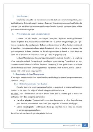 42Mémoire de fin d’études
I. Introduction :
Ce chapitre sera dédié à la présentation des outils du Lean Manufacturing utilisés, ainsi
que la démarche de travail adoptée au cours du projet. Nous commençons par la définition du
concept Lean son historique et nous détaillons par la suite les outils que nous allons utiliser
pour mener à bien notre projet.
II. Présentation du Lean Manufacturing :
Le terme Lean «de l’anglais Lean ‘Maigre’, ‘sans gras’, ‘dégraissé’ » sert à qualifier une
théorie de gestion de la production qui se concentre sur « la gestion sans gaspillage », ou « ges-
tion au plus juste ». Le grand principe du Lean est de maximiser la valeur client en minimisant
le gaspillage. Une organisation Lean adopte la valeur du client et focalise ses processus clés
pour l’augmenter de façon constante. La finalité suprême étant de fournir la valeur idéale au
client par un processus de création de valeur qui a zéro de gaspillage. (2)
Le Lean Manufacturing lie donc la performance (productivité et qualité) à la souplesse
d’une entreprise, qui doit être capable de reconfigurer en permanence l’ensemble de ses pro-
cessus (réactivité industrielle) afin de fournir au client ce qu’il veut, quand il veut, en utilisant
un minimum de ressources (matières premières, équipement, main-d’œuvre, espace ...) en éli-
minant petit à petit la non-valeur ajoutée.
2.1.Les principes du Lean Manufacturing :
L’ouvrage « les basiques du Lean Manufacturing» a cité cinq principes de base pour mener une
démarche Lean (3) :
2.1.1. Définir la valeur selon l’œil du client :
Chercher à savoir et comprendre ce que le client va accepter de payer pour satisfaire son
besoin à la fois objectif et subjectif selon le triptyque délai/qualité/prix.
La valeur : c’est l’estimation du service ou produit fourni pour le client tel qu’il le définit. On
différencie entre deux catégories de valeurs :
 La valeur ajoutée : Toutes activités permettant d’augmenter la valeur du produit aux
yeux du client, autrement dit les activités pour lesquelles le client est prêt à payer.
 La non-valeur ajoutée : sont toutes les choses qui n’ajoutent pas de valeur aux produits
et services aux yeux des clients.
Le schéma suivant résume le premier principe du Lean :
 