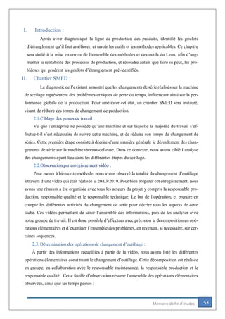 53Mémoire de fin d’études
I. Introduction :
Après avoir diagnostiqué la ligne de production des produits, identifié les goulots
d’étranglement qu’il faut améliorer, et savoir les outils et les méthodes applicables. Ce chapitre
sera dédié à la mise en œuvre de l’ensemble des méthodes et des outils du Lean, afin d’aug-
menter la rentabilité des processus de production, et résoudre autant que faire se peut, les pro-
blèmes qui génèrent les goulots d’étranglement pré-identifiés.
II. Chantier SMED :
Le diagnostic de l’existant a montré que les changements de série réalisés sur la machine
de scellage représentent des problèmes critiques de perte du temps, influençant ainsi sur la per-
formance globale de la production. Pour améliorer cet état, un chantier SMED sera instauré,
visant de réduire ces temps de changement de production.
2.1.Ciblage des postes de travail :
Vu que l’entreprise ne possède qu’une machine et sur laquelle la majorité du travail s’ef-
fectue-t-il s’est nécessaire de suivre cette machine, et de réduire son temps de changement de
séries. Cette première étape consiste à décrire d’une manière générale le déroulement des chan-
gements de série sur la machine thermoscelleuse. Dans ce contexte, nous avons ciblé l’analyse
des changements ayant lieu dans les différentes étapes du scellage.
2.2.Observation par enregistrement vidéo :
Pour mener à bien cette méthode, nous avons observé la totalité du changement d’outillage
à travers d’une vidéo qui était réalisée le 20/03/2019. Pour bien préparer cet enregistrement, nous
avons une réunion a été organisée avec tous les acteurs du projet y compris la responsable pro-
duction, responsable qualité et le responsable technique. Le but de l’opération, et prendre en
compte les différentes activités du changement de série pour décrire tous les aspects de cette
tâche. Ces vidéos permettent de saisir l’ensemble des informations, puis de les analyser avec
notre groupe de travail. Il est donc possible d’effectuer avec précision la décomposition en opé-
rations élémentaires et d’examiner l’ensemble des problèmes, en revenant, si nécessaire, sur cer-
taines séquences.
2.3.Détermination des opérations de changement d’outillage :
À partir des informations recueillies à partir de la vidéo, nous avons listé les différentes
opérations élémentaires constituant le changement d’outillage. Cette décomposition est réalisée
en groupe, en collaboration avec le responsable maintenance, la responsable production et le
responsable qualité. Cette feuille d’observation résume l’ensemble des opérations élémentaires
observées, ainsi que les temps passés :
 