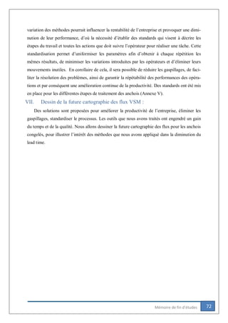 72Mémoire de fin d’études
variation des méthodes pourrait influencer la rentabilité de l’entreprise et provoquer une dimi-
nution de leur performance, d’où la nécessité d’établir des standards qui visent à décrire les
étapes du travail et toutes les actions que doit suivre l’opérateur pour réaliser une tâche. Cette
standardisation permet d’uniformiser les paramètres afin d’obtenir à chaque répétition les
mêmes résultats, de minimiser les variations introduites par les opérateurs et d’éliminer leurs
mouvements inutiles. En corollaire de cela, il sera possible de réduire les gaspillages, de faci-
liter la résolution des problèmes, ainsi de garantir la répétabilité des performances des opéra-
tions et par conséquent une amélioration continue de la productivité. Des standards ont été mis
en place pour les différentes étapes de traitement des anchois (Annexe V).
VII. Dessin de la future cartographie des flux VSM :
Des solutions sont proposées pour améliorer la productivité de l’entreprise, éliminer les
gaspillages, standardiser le processus. Les outils que nous avons traités ont engendré un gain
du temps et de la qualité. Nous allons dessiner la future cartographie des flux pour les anchois
congelés, pour illustrer l’intérêt des méthodes que nous avons appliqué dans la diminution du
lead time.
 