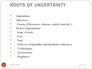 ROOTS OF UNCERTAINTY
05/27/15Shehzad Akram11
 Stakeholders
 Objectives
 Variety of Resources, (human, capital, material..)
 Project Organizations
 Scope of work
 Cost
 Time
 Delivery of Quantified and Qualitative objectives
 Technologies
 Environment
 Regulators
 