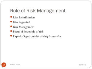 Role of Risk Management
05/27/15Shehzad Akram14
Risk Identification
Risk Appraisal
Risk Management
Focus of downside of risk
Exploit Opportunities arising from risks
 