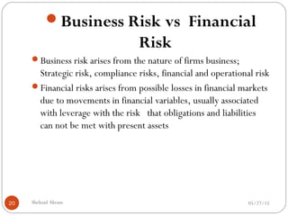 05/27/15Shehzad Akram20
Business Risk vs Financial
Risk
Business risk arises from the nature of firms business;
Strategic risk, compliance risks, financial and operational risk
Financial risks arises from possible losses in financial markets
due to movements in financial variables, usually associated
with leverage with the risk that obligations and liabilities
can not be met with present assets
 