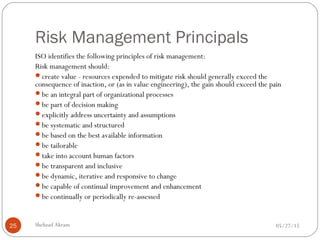 Risk Management Principals
05/27/15Shehzad Akram25
ISO identifies the following principles of risk management:
Risk management should:
create value - resources expended to mitigate risk should generally exceed the
consequence of inaction, or (as in value engineering), the gain should exceed the pain
be an integral part of organizational processes
be part of decision making
explicitly address uncertainty and assumptions
be systematic and structured
be based on the best available information
be tailorable
take into account human factors
be transparent and inclusive
be dynamic, iterative and responsive to change
be capable of continual improvement and enhancement
be continually or periodically re-assessed
 
