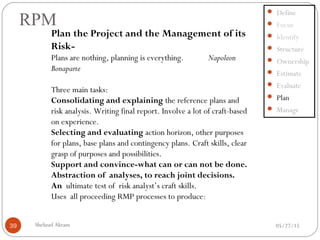 05/27/15Shehzad Akram39
RPM
 Define
 Focus
 Identify
 Structure
 Ownership
 Estimate
 Evaluate
 Plan
 Manage
Plan the Project and the Management of its
Risk-
Plans are nothing, planning is everything. Napoleon
Bonaparte
Three main tasks:
Consolidating and explaining the reference plans and
risk analysis. Writing final report. Involve a lot of craft-based
on experience.
Selecting and evaluating action horizon, other purposes
for plans, base plans and contingency plans. Craft skills, clear
grasp of purposes and possibilities.
Support and convince-what can or can not be done.
Abstraction of analyses, to reach joint decisions.
An ultimate test of risk analyst’s craft skills.
Uses all proceeding RMP processes to produce:
 
