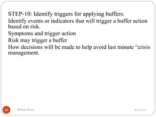 05/27/15Shehzad Akram68
STEP-10: Identify triggers for applying buffers:
Identify events or indicators that will trigger a buffer action
based on risk.
Symptoms and trigger action
Risk may trigger a buffer
How decisions will be made to help avoid last minute “crisis
management.
 