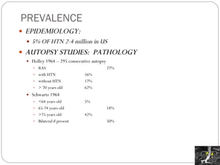 PREVALENCE EPIDEMIOLOGY:  5% OF HTN 2-4 million in US AUTOPSY STUDIES:  PATHOLOGY Holley 1964 – 295 consecutive autopsy RAS  27% with HTN  56% without HTN 17% > 70 years old 62% Schwartz 1964 <64 years old 5% 65-74 years old 18% >75 years old 42% Bilateral if present 50% 