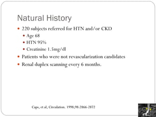 Natural History 220 subjects referred for HTN and/or CKD Age 68 HTN 95% Creatinine 1.5mg/dl Patients who were not revascularization candidates Renal duplex scanning every 6 months.  Caps, et al, Circulation. 1998;98:2866-2872 