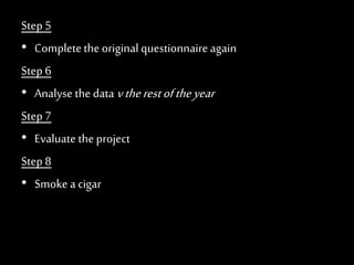 Step 5
• Completethe original questionnaireagain
Step 6
• Analyse the data vtherestoftheyear
Step 7
• Evaluate theproject
Step 8
• Smoke a cigar
 