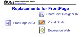 Replacements for FrontPage
FrontPage 2003
SharePoint Designer 07
Visual Studio
Expression Web
 