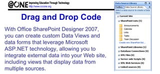 Drag and Drop Code
With Office SharePoint Designer 2007,
you can create custom Data Views and
data forms that leverage Microsoft
ASP.NET technology, allowing you to
integrate external data into your Web site,
including views that display data from
multiple sources.
 
