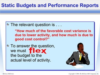 Copyright © 2006. The McGraw-Hill Companies, Inc.McGraw-Hill/Irwin
The relevant question is . . .
“How much of the favorable cost variance is
due to lower activity, and how much is due to
good cost control?”
To answer the question,
we must
the budget to the
actual level of activity.
The relevant question is . . .
“How much of the favorable cost variance is
due to lower activity, and how much is due to
good cost control?”
To answer the question,
we must
the budget to the
actual level of activity.
Static Budgets and Performance Reports
 
