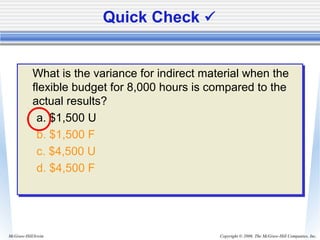 Copyright © 2006. The McGraw-Hill Companies, Inc.McGraw-Hill/Irwin
What is the variance for indirect material when the
flexible budget for 8,000 hours is compared to the
actual results?
a. $1,500 U
b. $1,500 F
c. $4,500 U
d. $4,500 F
What is the variance for indirect material when the
flexible budget for 8,000 hours is compared to the
actual results?
a. $1,500 U
b. $1,500 F
c. $4,500 U
d. $4,500 F
Quick Check 
 