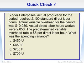 Copyright © 2006. The McGraw-Hill Companies, Inc.McGraw-Hill/Irwin
Quick Check 
Yoder Enterprises’ actual production for the
period required 2,100 standard direct labor
hours. Actual variable overhead for the period
was $10,950. Actual direct labor hours worked
were 2,050. The predetermined variable
overhead rate is $5 per direct labor hour. What
was the spending variance?
a. $450 U
b. $450 F
c. $700 F
d. $700 U
Yoder Enterprises’ actual production for the
period required 2,100 standard direct labor
hours. Actual variable overhead for the period
was $10,950. Actual direct labor hours worked
were 2,050. The predetermined variable
overhead rate is $5 per direct labor hour. What
was the spending variance?
a. $450 U
b. $450 F
c. $700 F
d. $700 U
 