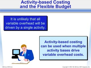 Copyright © 2006. The McGraw-Hill Companies, Inc.McGraw-Hill/Irwin
Activity-based Costing
and the Flexible Budget
It is unlikely that all
variable overhead will be
driven by a single activity.
It is unlikely that all
variable overhead will be
driven by a single activity.
Activity-based costing
can be used when multiple
activity bases drive
variable overhead costs.
Activity-based costing
can be used when multiple
activity bases drive
variable overhead costs.
 