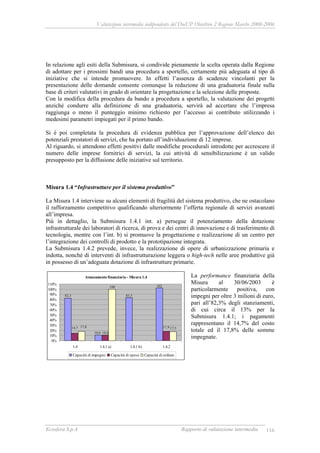 Valutazione intermedia indipendente del DocUP Obiettivo 2 Regione Marche 2000-2006
Ecosfera S.p.A Rapporto di valutazione intermedia 116
In relazione agli esiti della Submisura, si condivide pienamente la scelta operata dalla Regione
di adottare per i prossimi bandi una procedura a sportello, certamente più adeguata al tipo di
iniziative che si intende promuovere. In effetti l’assenza di scadenze vincolanti per la
presentazione delle domande consente comunque la redazione di una graduatoria finale sulla
base di criteri valutativi in grado di orientare la progettazione e la selezione delle proposte.
Con la modifica della procedura da bando a procedura a sportello, la valutazione dei progetti
anziché condurre alla definizione di una graduatoria, servirà ad accertare che l’impresa
raggiunga o meno il punteggio minimo richiesto per l’accesso ai contributo utilizzando i
medesimi parametri impiegati per il primo bando.
Si è poi completata la procedura di evidenza pubblica per l’approvazione dell’elenco dei
potenziali prestatori di servizi, che ha portato all’individuazione di 12 imprese.
Al riguardo, si attendono effetti positivi dalle modifiche procedurali introdotte per accrescere il
numero delle imprese fornitrici di servizi, la cui attività di sensibilizzazione è un valido
presupposto per la diffusione delle iniziative sul territorio.
Misura 1.4 “Infrastrutture per il sistema produttivo”
La Misura 1.4 interviene su alcuni elementi di fragilità del sistema produttivo, che ne ostacolano
il rafforzamento competitivo qualificando ulteriormente l’offerta regionale di servizi avanzati
all’impresa.
Più in dettaglio, la Submisura 1.4.1 int. a) persegue il potenziamento della dotazione
infrastrutturale dei laboratori di ricerca, di prova e dei centri di innovazione e di trasferimento di
tecnologia, mentre con l’int. b) si promuove la progettazione e realizzazione di un centro per
l’integrazione dei controlli di prodotto e la prototipazione integrata.
La Submisura 1.4.2 prevede, invece, la realizzazione di opere di urbanizzazione primaria e
indotta, nonché di interventi di infrastrutturazione leggera o high-tech nelle aree produttive già
in possesso di un’adeguata dotazione di infrastrutture primarie.
La performance finanziaria della
Misura al 30/06/2003 è
particolarmente positiva, con
impegni per oltre 3 milioni di euro,
pari all’82,3% degli stanziamenti,
di cui circa il 13% per la
Submisura 1.4.1; i pagamenti
rappresentano il 14,7% del costo
totale ed il 17,8% delle somme
impegnate.
Avanzamento finanziario - Misura 1.4
102
83,3
10,6
82,3
17,9
10,6
14,7 17,517,8
100
0%
10%
20%
30%
40%
50%
60%
70%
80%
90%
100%
110%
1.4 1.4.1 a) 1.4.1 b) 1.4.2
Capacità di impegno Capacità di spesa Capacità di utilizzo
 