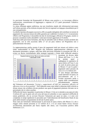 Valutazione intermedia indipendente del DocUP Obiettivo 2 Regione Marche 2000-2006
Ecosfera S.p.A Rapporto di valutazione intermedia 175
Le previsioni formulate dai Responsabili di Misura sono positive e, se troveranno effettiva
realizzazione, consentiranno di raggiungere e superare di 3,71 punti percentuali l’obiettivo
minimo di spesa.
La stima effettuata appare ambiziosa, ma non irrealistica stando alle informazioni pervenute
nell’ultimo periodo, ed ha richiesto da parte dei Servizi regionali un impegno straordinario per il
suo conseguimento.
La tabella riportata alla pagina successiva offre un quadro dettagliato del contributo in termini di
pagamenti che ciascuna misura dovrebbe garantire per soddisfare il criterio A.3. L’avanzamento
effettivo del Programma è desumibile dai dati di monitoraggio ufficiali al 30 giugno, mentre si
possono considerare molto attendibili i valori previsionali aggiornati al 10 ottobre.
Sulla base delle previsioni formulate, alla fine di settembre tutte le Misure avranno prodotto dei
pagamenti, con la sola eccezione della 2.7 (il cui peso relativo sul Programma non è
particolarmente rilevante).
La rappresentazione grafica mostra il peso dei pagamenti totali per misura sul relativo costo
totale rendicontabile al 2001. Rispetto alla medesima rappresentazione elaborata per il
documento presentato a giugno, sulla base delle previsioni formulate in occasione del CdS, si
evince un deciso riorientamento della strategia regionale a fronte delle difficoltà attuative
incontrate da diverse dalle
Misure dell’Asse 1 e 2, che
ha portato quasi a
raddoppiare le aspettative di
spesa relative all’Asse 3, con
un ruolo di primo piano per
la Misura 3.1 per la quale i
pagamenti attesi passano da
circa 2,5 a 5,2 milioni di €.
Si sono dunque individuati
canali alternativi di spesa, un
provvedimento che si è
rivelato necessario anche a
seguito delle considerazioni
precedentemente espresse
dal Valutatore nel documento “Lezioni e suggerimenti all’AdG per aumentare efficacia ed
efficienza (riserva di premialità)”. Nell’elaborato erano state infatti evidenziate delle criticità su
alcune misure che avrebbero dovuto produrre una quota di pagamenti piuttosto rilevante sia in
percentuale che in valore assoluto.
Difficoltà che hanno riguardato in particolare la Misura 1.2 da cui si attendeva una spesa di oltre
4 milioni di €, per la quale solo nel corso del mese di settembre si sono superate le difficoltà di
natura giudiziaria, che ne avevano bloccato l’attuazione per quasi un anno, e si sono così
completate in tempi rapidissimi le procedure per l’individuazione del beneficiario finale di una
parte delle iniziative programmate ed attivate le prime spese.
Sono state poi fortemente ridimensionate le previsioni di spesa relative alla Misura 2.2, che a
maggio erano stimate prossime ai 2,5 milioni di €, e le cui azioni hanno invece riscosso
un’attenzione decisamente più bassa rispetto alle attese, con l’eccezione positiva della
Submisura 2.2.3.
Pagamenti totali previsti per Misura sul relativo costo totale
rendicontabile al 2001
0%
15%
30%
45%
60%
75%
90%
105%
120%
135%
150%
1.1 1.2 1.3 1.4 2.1 2.2 2.3 2.4 2.5 2.6 2.7 3.1 3.2 3.3 3.4 3.5 4.1
 