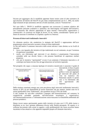 Valutazione intermedia indipendente del DocUP Obiettivo 2 Regione Marche 2000-2006
Ecosfera S.p.A. Rapporto di valutazione intermedia 208
Occorre poi aggiungere che le modifiche apportate hanno tenuto conto di altre normative di
agevolazione all’interno del DocUP (la già citata complementarietà con la L. 488), ma anche
degli strumenti di tipo automatico attivati a livello nazionale, come la “Tremonti bis”.
Nel caso della L. 598/94 le modifiche apportate non accrescono il carattere selettivo del
procedimento prescelto (valutativo a sportello), ma intervengono sull’oggetto dell’iniziativa,
con l’estensione alle ulteriori opportunità di spesa inerenti l’innovazione organizzativa e
commerciale e la sicurezza sui luoghi di lavoro. Si sta, inoltre, considerando l’ipotesi per il
futuro di associare il contributo in c/capitale a quello in c/interessi.
Presenza di interventi tradizionali e innovativi
Un elemento positivo che caratterizza la strategia del DocUP è rappresentato dall’aver
programmato azioni innovative accanto a forme di aiuto tradizionali.
Ai fini dell’analisi il contenuto innovativo delle azioni attivate è stato distinto su tre livelli di
intensità:
basso, con riguardo alle iniziative di tipo tradizionale sia nel contenuto, sia per l’esistenza
di esperienze consolidate;
medio, con riferimento agli interventi il cui obiettivo è propriamente l’innovazione
aziendale nelle sue diverse forme e che possono beneficiare di esperienze similari
pregresse;
alto, per le iniziative “sperimentali” ovvero il cui contenuto è fortemente innovativo e al
contempo non hanno trovato fino ad oggi attuazione sul territorio regionale.
Nel prospetto che segue a ciascuna tipologie di iniziativa incentivante è associato il grado di
innovatività, in base al quale
nella rappresentazione
grafica si sono poi aggregati
gli interventi dal punto di
vista sia numerico che
finanziario (anche in questo
caso si fa riferimento alle
sole agevolazioni alle
imprese).
Dalla struttura esaminata emerge una certa prevalenza degli interventi mediamente innovativi,
intorno al 50% sia per disponibilità di risorse finanziarie che per numero, mentre sono tre le
azioni qualificabili come “tradizionali”, che assorbono invece il 36% dei fondi.
A tale risultato ha senz’altro contribuito l’impegno dell’Amministrazione nel sostenere la
competitività aziendale puntando sull’innovazione tecnologica e organizzativa,
sull’internazionalizzazione e l’informatizzazione senza trascurare la sostenibilità ambientale dei
processi produttivi.
Hanno invece natura sperimentale quattro delle iniziative di aiuto con il 15% delle risorse e
distribuite su tre Assi, pertanto abbastanza diverse nelle finalità perseguite. Di seguito ci si
sofferma brevemente sulle azioni in oggetto e sulle problematiche che senza eccezioni hanno
incontrato in fase attuativa e che appaiono imputabili proprio all’elemento innovativo.
Grado di innovatività degli incentivi -
ripartizione delle risorse
alta
15%
media
49%
bassa
36%
Grado di innovatività degli incentivi -
numerosità degli strumenti attivati
alta
27%
media
53%
bassa
20%
 