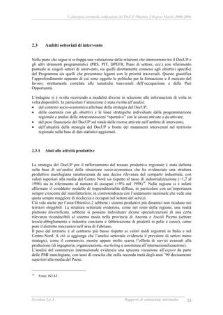 Valutazione intermedia indipendente del DocUP Obiettivo 2 Regione Marche 2000-2006
Ecosfera S.p.A. Rapporto di valutazione intermedia 24
2.3 Ambiti settoriali di intervento
Nella parte che segue si sviluppa una valutazione delle relazioni che intercorrono tra il DocUP e
gli altri strumenti programmatici (PRS, PIT, DPEFR, Piani di settore, ecc.) con riferimento
puntuale ai singoli settori di intervento, sia quelli direttamente connessi agli obiettivi specifici
del Programma sia quelli che presentano legami con le priorità trasversali. Questo giustifica
l’approfondimento separato di cui sono oggetto le politiche per la formazione e il mercato del
lavoro, strettamente correlate alle tematiche trasversali dell’occupazione e delle Pari
Opportunità.
L’indagine si è svolta ricorrendo a modalità diverse in relazione alle informazioni di volta in
volta disponibili. In particolare l’attenzione è stata rivolta all’analisi:
• del contesto socio-economico alla base della strategia del DocUP;
• della coerenza con gli obiettivi e le linee strategiche individuate dalla programmazione
regionale e analisi delle interconnessioni “operative” con le azioni attivate o da attivare;
• del peso finanziario del DocUP sul totale delle risorse attivate nell’ambito di intervento;
• dell’attualità della strategia del DocUP a fronte dei mutamenti intervenuti nel territorio
regionale sulla base di dati statistici aggiornati.
2.3.1 Aiuti alle attività produttive
La strategia del DocUP per il rafforzamento del tessuto produttivo regionale è stata definita
sulla base di un’analisi della situazione socio-economica che ha evidenziato una struttura
produttiva marchigiana caratterizzata da una decisa rilevanza del comparto industriale, con
valori superiori alla media del Centro Nord sia rispetto al tasso di industrializzazione (+1,7 al
1996) sia in riferimento al numero di occupati (+8% nel 1998)14
. Nelle regione si è infatti
affermato il cosiddetto modello di imprenditorialità diffusa, in particolare con un’importanza
sempre crescente del manifatturiero, in controtendenza con l’andamento nazionale che vede una
quota sempre maggiore di ricchezza e occupati nel settore dei servizi.
Ciò vale anche per l’area Obiettivo 2 sebbene i sistemi produttivi più dinamici non ricadano nei
territori eleggibili. La struttura settoriale evidenzia, come nel resto della regione, una realtà
piuttosto diversificata, sebbene si possano individuare alcune specializzazioni di una certa
rilevanza riconducibili al sistema moda nella provincia di Ancona e Ascoli Piceno (settore
tessile-abbigliamento e industria conciaria e fabbricazione di prodotti in pelle e cuoio), come
pure il distretto meccanico nell’area di Fabriano.
Il peso del terziario è al contrario più basso rispetto ai valori medi registrati in Italia e nel
Centro-Nord. A ciò si aggiunga che l’analisi settoriale evidenzia il prevalere di settori meno
strategici, come il commercio, mentre appare molto scarsa l’offerta di servizi avanzati alla
produzione (di ingegneria, organizzazione, marketing e assistenza all’internazionalizzazione).
L’analisi del commercio internazionale evidenzia una spiccata vocazione all’export da parte
delle PMI marchigiane, con tassi di crescita che nella seconda metà degli anni ’90 decisamente
superiori alla media del Paese.
14
Fonte: ISTAT.
 