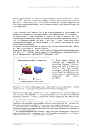 Valutazione intermedia indipendente del DocUP Obiettivo 2 Regione Marche 2000-2006
Ecosfera S.p.A. Rapporto di valutazione intermedia 30
Con tale approfondimento si è inteso dare seguito alla proposta rivolta all’Autorità di Gestione
del DocUP da parte della Commissione Europea - nel corso dell’incontro annuale svoltosi a
Bruxelles il 25-26 novembre 2002 - di avvalersi del contributo del Valutatore indipendente per
individuare le problematiche inerenti l’attuale sistema di incentivi nonché possibili soluzioni per
il loro superamento.
Il peso finanziario delle risorse del DocUP per il sistema produttivo è rilevante (Asse 1) e
ammonta con riferimento alla sola quota pubblica a circa 114 Meuro (quasi il 35% del totale).
La significatività di questo ammontare si accresce se posto in relazione alle cifre
complessivamente disposte nell’ambito del sistema di aiuti regionale, basti pensare che per il
2002 il Programma partecipa con oltre il 45% (pari a 40,028 Meuro) delle risorse
complessivamente disposte nel Bilancio regionale (87,625 Meuro)21
allo sviluppo dei settori
dell’artigianato e dell’industria.
Un’altra parte consistente delle risorse, intorno al 35%, è di provenienza statale ed è confluito
nel Fondo Unico regionale per le attività produttive22
.
In particolare l’attivazione del Fondo ha dato attuazione la delega alle Regioni della gestione
delle Leggi 341/95 e 598/94 e disposto apposite risorse dal 2000, cui si aggiunge dall’anno in
corso il cofinanziamento a valere sul DocUP (Submisura 1.1.1 b)23
.
Risorse finanziarie per industria e artigianato (2002)
46%
37%
4%
13%
DocUP Ob. 2 Fondo Unico
Risparmio energetico Risorse regionali
Di seguito ci si sofferma sulla strategia espressa dalle singole misure, evidenziando le eventuali
interconnessioni con i principali strumenti finanziari attivati a livello regionale.
Entrando nel dettaglio delle singole misure, si rileva immediatamente la centralità dal punto di
vista finanziario della Misura 1.1 con finanziamenti pubblici pari al 24% delle disponibilità del
Programma, e destinata a sostenere gli investimenti produttivi e ambientali delle PMI industriali
21
Per la quantificazione delle risorse disposte per i regimi di aiuto e per il loro l’impiego nei diversi ambiti di
intervento si è fatto riferimento in particolar modo alla Relazione al bilancio di previsione 2002 e pluriennale 2002-
2004. Si precisa altresì che la quota del DocUP per l’anno in corso è relativa alle prime due annualità.
22
Il Fondo è stato istituito a seguito della L.R. 10/1999 che ha recepito quanto disposto dal D.lgs. 112/92. Il Fondo
è finanziato con risorse disposte annualmente dallo Stato centrali, che già da due anni contribuiscono alla copertura di
incentivi a favore del settore produttivo.
23
Nell’ambito delle normative nazionali attivate con il Fondo Unico regionale si ricordano anche la legge 1329/65
(Legge Sabatini), Legge 942/52 (Artigiancassa), Legge 140/97 (Ricerca e Sviluppo), Legge 266/97 art. 3 (Distretti),
Legge 83/89 (Consorzi export) e la Legge 10/91 (risparmio energetico).
La figura accanto consente di
visualizzare più chiaramente la
composizione finanziaria di cui sopra,
rispetto alla quale è evidente che
DocUP e Fondo Unico regionale
costituiscono i principali strumenti di
stimolo alle attività produttive e, come
vedremo, agiscono sinergicamente al
perseguimento degli obiettivi
individuati.
 