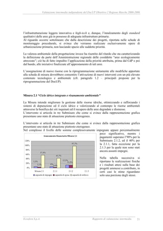 Valutazione intermedia indipendente del DocUP Obiettivo 2 Regione Marche 2000-2006
Ecosfera S.p.A. Rapporto di valutazione intermedia 21
l’infrastrutturazione leggera innovativa e high-tech e, dunque, l’innalzamento degli standard
qualitativi delle aree già in possesso di adeguata infrastrutture primarie.
Al riguardo occorre sottolineare che dalla descrizione dei progetti, riportata nelle schede di
monitoraggio procedurale, si evince che verranno realizzate esclusivamente opere di
urbanizzazione primaria, non lasciando spazio alle suddette priorità.
La valenza ambientale della progettazione invece ha risentito del ritardo che sta caratterizzando
la definizione da parte dell’Amministrazione regionale delle cosiddette “aree ecologicamente
attrezzate”; ciò ha di fatto impedito l’applicazione della priorità attribuita, prima dal CdP e poi
dal bando, alle iniziative finalizzate all’apprestamento di tali aree.
L’assegnazione di nuove risorse con la riprogrammazione unitamente alle modifiche apportate
alla scheda di misura dovrebbero consentire l’attivazione di nuovi interventi con un più elevato
contenuto tecnologico e ambientale (cfr. paragrafo 1.2 – principali proposte per la
riprogrammazione del DocUP).
Misura 2.1 “Ciclo idrico integrato e risanamento ambientale”
La Misura intende migliorare la gestione delle risorse idriche, ottimizzando e rafforzando i
sistemi di depurazione ed il ciclo idrico e valorizzando al contempo le risorse ambientali
attraverso la bonifica dei siti inquinati ed il recupero delle aree degradate e dismesse.
L’intervento si articola in tre Submisure che come si evince dalla rappresentazione grafica
presentano uno stato di attuazione piuttosto eterogeneo.
L’intervento si articola in tre Submisure che come si evince dalla rappresentazione grafica
presentano uno stato di attuazione piuttosto eterogeneo.
Nel complesso il livello delle somme complessivamente impegnate appare percentualmente
poco significativo, mentre i
pagamenti superano l’90% per la
Submisura 2.1.2, ed il 40% per
la 2.1.1, fatta eccezione per la
2.1.3 per la quale non sono stati
ancora assunti impegni.
Nella tabella successiva si
riportano le realizzazioni fisiche
e i risultati attesi sulla base dei
progetti ammessi a contributo, in
certi casi le stime riguardano
solo una porzione degli stessi.
Avanzamento finanziario-Misura 2.1
57,4%
43,7%
97,7%
6%
12,5%
5,3% 12,2%
2,6%3,1%
0%
20%
40%
60%
80%
100%
120%
Misura 2.1 2.1.1 2.1.2 2.1.3
capacità di impegno capacità di spesa capacità di utilizzo
 