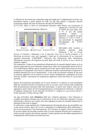 Valutazione intermedia indipendente del DocUP Obiettivo 2 Regione Marche 2000-2006
Ecosfera S.p.A. Rapporto di valutazione intermedia 44
La Misura nel suo insieme ha evidenziato tempi più lunghi per il completamento di alcuni step
procedurali rispetto a quelli indicati nel CdP, ma allo stato attuale si registrano notevoli
avanzamenti rispetto allo stato di attuazione alla data del 30/06/2003.
Al 31/12/03, infatti, si rileva un avanzamento finanziario della Misura, con l’assunzione di
impegni per 1.265.656,18 €, pari
al 16,69% del costo totale, circa
il 7% in più dal giugno
precedente. Quanto ai
pagamenti, la capacità di spesa
ammonta al 5,33% (+4,9%) e
una percentuale di pagamenti
sull’impegnato del 31,93%
(+21,9%).
Nell’ambito delle iniziative a
titolarità regionale della
Submisura 1 int. a) Portali
Servizio al Cittadino e Submisura 2 int. a) Sportello Unico per le attività produttive e b)
Marketing territoriale, sono stati impegnati i fondi per la realizzazione di un framework
regionale denominato “COHESION”, finalizzato alla realizzazione delle infrastrutture
informatiche necessarie all’erogazione da parte degli enti locali di servizi on line a favore di
cittadini e imprese.
Più esattamente si tratta di una piattaforma infrastrutturale di comunità digitale basata su di un
sistema organizzato di servizi telematici erogati da un centro servizi localizzato presso la Server
Farm della Regione Marche, grazie al quale gli enti locali, spesso afflitti dalla carenza di risorse
economiche e/o progettuali, sono messi in condizione di gestire autonomamente l’erogazione in
modalità telematica dei servizi amministrativi. A tale scopo essi possono usufruire di una serie
di soluzioni applicative ed un insieme di servizi comuni standardizzati e predisposti ad essere
utilizzati secondo i meccanismi di cooperazione applicativa fissati dal Piano di e-government
nazionale.
Quanto all’avanzamento procedurale, per le stesse iniziative si evidenzia un certo prolungarsi
della fase istruttoria inerente la licitazione privata, le cui cause vanno ricercate nella complessità
della documentazione presentata dalle ditte partecipanti. A questi oneri inattesi vanno poi ad
aggiungersi anche intense attività di programmazione e di progettazione finalizzate a realizzare
un’adeguata integrazione tra gli interventi del DocUP e i progetti di e-government attivati a
livello nazionale e il Piano eEurope 2002.
Ad oggi nell’ambito della Submisura 3.4.1 a) a titolarità regionale è stato finanziato lo
sviluppo del progetto telematico per la realizzazione di siti web finalizzati a garantire l’accesso
bidirezionale a internet e per il quale sono state impegnate le prime tre annualità disposte per la
tipologia di intervento in oggetto.
Le operazione a regia regionale per l’implementazione del progetto presso gli enti pubblici non
è stato ancora attivato, atteso che l’avvio è subordinato al completamento delle infrastrutture e
dei servizi necessari per il loro funzionamento. Per l’iniziativa in oggetto è prevista l’emissione
di un unico bando che dovrebbe assorbire tutte le risorse rimanenti stanziate per la submisura 1;
inoltre secondo il parere del referente regionale i ritardi registrati non dovrebbero pregiudicare il
completamento dell’iniziativa nei termini previsti.
Avanzamento finanziario - Misura 3.4
17,5%
30%
25,6%
8,1%
16,7%
5,2%2,8%
5,3%
35,0%31,9%
0%
5%
10%
15%
20%
25%
30%
35%
40%
Misura 3.4 3.4.1 3.4.2 3.4.3
capacità di impegno capacità di spesa capacità di utilizzo
 