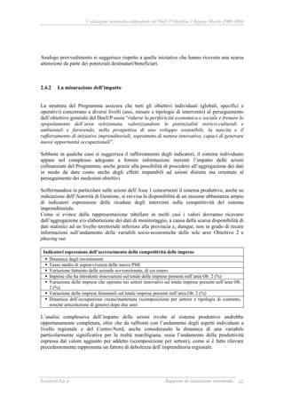 Valutazione intermedia indipendente del DocUP Obiettivo 2 Regione Marche 2000-2006
Ecosfera S.p.A Rapporto di valutazione intermedia 62
Analogo provvedimento si suggerisce rispetto a quelle iniziative che hanno ricevuto una scarsa
attenzione da parte dei potenziali destinatari/beneficiari.
2.4.2 La misurazione dell’impatto
La struttura del Programma assicura che tutti gli obiettivi individuati (globali, specifici e
operativi) concorrano a diversi livelli (assi, misure e tipologie di intervento) al perseguimento
dell’obiettivo generale del DocUP ossia “ridurre la perifericità economica e sociale e frenare lo
spopolamento dell’area selezionata, valorizzandone le potenzialità storico-culturali e
ambientali e favorendo, nella prospettiva di uno sviluppo sostenibile, la nascita e il
rafforzamento di iniziative imprenditoriali, soprattutto di natura innovativa, capaci di generare
nuove opportunità occupazionali”.
Sebbene in qualche caso si suggerisca il rafforzamento degli indicatori, il sistema individuato
appare nel complesso adeguato a fornire informazioni inerenti l’impatto delle azioni
cofinanziate del Programma; anche grazie alla possibilità di procedere all’aggregazione dei dati
in modo da dare conto anche degli effetti imputabili ad azioni distinte ma orientate al
perseguimento dei medesimi obiettivi.
Soffermandosi in particolare sulle azioni dell’Asse 1 concernenti il sistema produttivo, anche su
indicazione dell’Autorità di Gestione, si ravvisa la disponibilità di un insieme abbastanza ampio
di indicatori espressione delle ricadute degli interventi sulla competitività del sistema
imprenditoriale.
Come si evince dalla rappresentazione tabellare in molti casi i valori dovranno ricavarsi
dall’aggregazione e/o elaborazione dei dati di monitoraggio, a causa della scarsa disponibilità di
dati statistici ad un livello territoriale inferiore alla provincia e, dunque, non in grado di recare
informazioni sull’andamento delle variabili socio-economiche delle sole aree Obiettivo 2 e
phasing out.
Indicatori espressione dell’accrescimento della competitività delle imprese
Dinamica degli investimenti
Tasso medio di sopravvivenza delle nuove PMI
Variazione fatturato delle aziende sovvenzionate, di cui estero
Imprese che ha introdotto innovazioni sul totale delle imprese presenti nell’area Ob. 2 (%)
Variazione delle imprese che operano nei settori innovativi sul totale imprese presenti nell’area Ob.
2 (%)
Variazione delle imprese femminili sul totale imprese presenti nell’area Ob. 2 (%)
Dinamica dell’occupazione creata/mantenuta (scomposizione per settore e tipologia di contratto,
nonché articolazione di genere) dopo due anni
L’analisi complessiva dell’impatto delle azioni rivolte al sistema produttivo andrebbe
opportunamente completata, oltre che da raffronti con l’andamento degli aspetti individuati a
livello regionale e del Centro-Nord, anche considerando la dinamica di una variabile
particolarmente significativa per la realtà marchigiana, ossia l’andamento della produttività
espressa dal valore aggiunto per addetto (scomposizione per settore), come si è fatto rilevare
precedentemente rappresenta un fattore di debolezza dell’imprenditoria regionale.
 