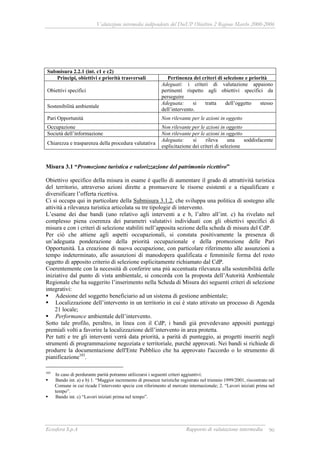 Valutazione intermedia indipendente del DocUP Obiettivo 2 Regione Marche 2000-2006
Ecosfera S.p.A Rapporto di valutazione intermedia 90
Submisura 2.2.1 (int. c1 e c2)
Principi, obiettivi e priorità trasversali Pertinenza dei criteri di selezione e priorità
Obiettivi specifici
Adeguati: i criteri di valutazione appaiono
pertinenti rispetto agli obiettivi specifici da
perseguire
Sostenibilità ambientale
Adeguata: si tratta dell’oggetto stesso
dell’intervento.
Pari Opportunità Non rilevante per le azioni in oggetto
Occupazione Non rilevante per le azioni in oggetto
Società dell’informazione Non rilevante per le azioni in oggetto
Chiarezza e trasparenza della procedura valutativa
Adeguata: si rileva una soddisfacente
esplicitazione dei criteri di selezione
Misura 3.1 “Promozione turistica e valorizzazione del patrimonio ricettivo”
Obiettivo specifico della misura in esame è quello di aumentare il grado di attrattività turistica
del territorio, attraverso azioni dirette a promuovere le risorse esistenti e a riqualificare e
diversificare l’offerta ricettiva.
Ci si occupa qui in particolare della Submisura 3.1.2, che sviluppa una politica di sostegno alle
attività a rilevanza turistica articolata su tre tipologie di intervento.
L’esame dei due bandi (uno relativo agli interventi a e b, l’altro all’int. c) ha rivelato nel
complesso piena coerenza dei parametri valutativi individuati con gli obiettivi specifici di
misura e con i criteri di selezione stabiliti nell’apposita sezione della scheda di misura del CdP.
Per ciò che attiene agli aspetti occupazionali, si constata positivamente la presenza di
un’adeguata ponderazione della priorità occupazionale e della promozione delle Pari
Opportunità. La creazione di nuova occupazione, con particolare riferimento alle assunzioni a
tempo indeterminato, alle assunzioni di manodopera qualificata e femminile forma del resto
oggetto di apposito criterio di selezione esplicitamente richiamato dal CdP.
Coerentemente con la necessità di conferire una più accentuata rilevanza alla sostenibilità delle
iniziative dal punto di vista ambientale, si concorda con la proposta dell’Autorità Ambientale
Regionale che ha suggerito l’inserimento nella Scheda di Misura dei seguenti criteri di selezione
integrativi:
Adesione del soggetto beneficiario ad un sistema di gestione ambientale;
Localizzazione dell’intervento in un territorio in cui è stato attivato un processo di Agenda
21 locale;
Performance ambientale dell’intervento.
Sotto tale profilo, peraltro, in linea con il CdP, i bandi già prevedevano appositi punteggi
premiali volti a favorire la localizzazione dell’intervento in area protetta.
Per tutti e tre gli interventi verrà data priorità, a parità di punteggio, ai progetti inseriti negli
strumenti di programmazione negoziata e territoriale, purché approvati. Nei bandi si richiede di
produrre la documentazione dell'Ente Pubblico che ha approvato l'accordo o lo strumento di
pianificazione103
.
103
In caso di perdurante parità potranno utilizzarsi i seguenti criteri aggiuntivi:
Bando int. a) e b) 1. “Maggior incremento di presenze turistiche registrato nel triennio 1999/2001, riscontrato nel
Comune in cui ricade l’intervento specie con riferimento al mercato internazionale; 2. “Lavori iniziati prima nel
tempo”.
Bando int. c) “Lavori iniziati prima nel tempo”.
 