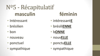 Nº5 - Récapitulatif
masculin
• Intéressant
• brésilien
• bon
• nouveau
• ponctuel
• sympathique
féminin
• intéressantE
• brésiliENNE
• bONNE
• nouvELLE
• ponctuELLE
• sympathique
 