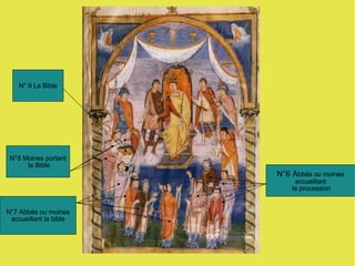 N°8 Moines portant la Bible N°6 A bbés ou moines accueillant la procession N° 9 La Bible N°7 Abbés ou moines accueillant la bible 