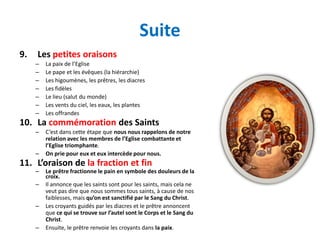 Suite
9.   Les petites oraisons
     –   La paix de l’Eglise
     –   Le pape et les évêques (la hiérarchie)
     –   Les higoumènes, les prêtres, les diacres
     –   Les fidèles
     –   Le lieu (salut du monde)
     –   Les vents du ciel, les eaux, les plantes
     –   Les offrandes
10. La commémoration des Saints
     –   C’est dans cette étape que nous nous rappelons de notre
         relation avec les membres de l’Eglise combattante et
         l’Eglise triomphante.
     –   On prie pour eux et eux intercède pour nous.
11. L’oraison de la fraction et fin
     –   Le prêtre fractionne le pain en symbole des douleurs de la
         croix.
     –   Il annonce que les saints sont pour les saints, mais cela ne
         veut pas dire que nous sommes tous saints, à cause de nos
         faiblesses, mais qu’on est sanctifié par le Sang du Christ.
     –   Les croyants guidés par les diacres et le prêtre annoncent
         que ce qui se trouve sur l’autel sont le Corps et le Sang du
         Christ.
     –   Ensuite, le prêtre renvoie les croyants dans la paix.
 
