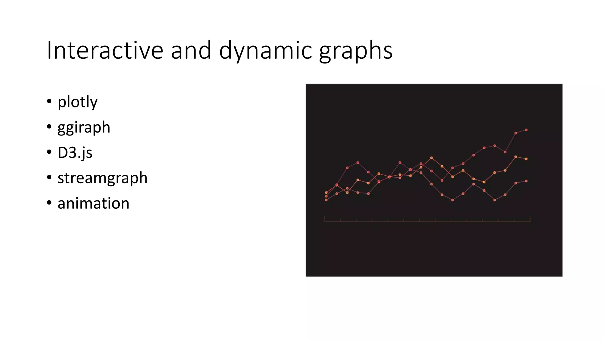Interactive and dynamic graphs
• plotly
• ggiraph
• D3.js
• streamgraph
• animation
 