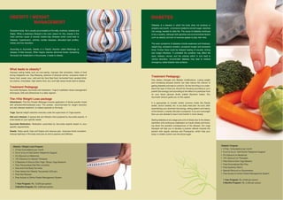 What leads to obesity?
Improper eating habits such as over-eating, improper diet schedules, intake of food
during indigestion etc, Day-Sleeping, absence of physical activity, excessive intake of
heavy food, sweet, sour, cold and oily food (fast food, fermented food, aerated drink,
ice creams, chocolates, high calorie food, etc.) and high stress levels lead to obesity.
Treatment Pedagogy
Ayurveda therapies, Ayurveda oral medication, Yoga & meditation stress management
techniques, Diet and adherences to a daily regimen
The rVita Weight Loss package
Udvartanam: This Dry Powder Massage involves application of herbal powder mixed
with oil/buttermilk/medicated juice. The powder, recommended for weight reduction
and skin disease treatment, is rubbed upwards on the body.
Yoga: Special weight reduction exercise under the supervision of Yoga experts.
Diet and Lifestyle: A special diet and lifestyle chart prepared by Ayurveda experts. A
chart based on your specific needs.
Ayurveda Medication: Medication prescribed by Ayurveda experts based on your
specific requirements.
Sweda: Helps pacify Vata and Kapha and reduces pain. Improves blood circulation.
Induces lightness in the body and puts an end to spasms and stiffness.
OBESITY / WEIGHT
MANAGEMENT
Excessive body fat is usually accumulated on the belly, buttocks, breasts and
thighs. While a sedentary lifestyle is the main reason for this, obesity is the
most common cause of several modern-day illnesses which could lead to
diabetes, hypertension, arthritis, cardiac diseases, alleviated lipid profiles,
kidney and liver disorders.
According to Ayurveda, obesity is a 'Kapha' disorder called Medoroga (a
disease of fatty tissues). When Kapha reaches abnormal levels, hampering
the body's fat metabolism in the process, it leads to obesity.
Treatment Pedagogy:
Few dietary changes and lifestyle modifications. Losing weight
and increasing physical activity can help reduce the chance of
getting diabetes and help to control it. So the first thing is to under-
stand the type of food you should be choosing according to your
prakriti (bio-energy) and according to the effect of a particular food
on your blood glucose levels (called Glycemic Index). Our
Ayurvedic doctors guide you on this aspect.
It is appropriate to include certain common herbs like Karela
seeds, Jamun (seeds), etc. in you daily meal plan. As such, after
ascertaining your dominant bio-energy, eating pattern and history
of the ailment, a weekly diet plan is prepared. If you are overweight
then you are advised to lose it and monitor it more closely.
Getting diabetes at any stage puts a lot of stress due to the dietary
restriction and continuous medication (or insulin shots) and know-
ing about the possible consequences of the disease. Our yoga
therapist will help you to develop a positive attitude towards the
ailment with regular exercise and Pranayama, which help your
body in a better control over the blood sugar.
DIABETES
Diabetes is a disease in which the body does not produce or
properly use insulin - a hormone needed to convert sugar, starches
into energy needed for daily life. The cause of diabetes continues
to be a mystery, although both genetics and environmental factors
such as obesity and lack of exercise appear to play vital roles.
The early symptoms of diabetes include weakness and tiredness,
weight loss, excessive urination, excessive hunger and excessive
thirst. Further there could be delayed healing of wounds, itching
and fungal infections. If untreated the condition may affect the
eyes, kidneys, nerves, and the arteries which in turn lead to
various disorders. Uncontrolled diabetes may lead to medical
emergency called diabetic keto-acidosis.
Obesity / Weight Loss Program
• 2 Free Consultations per month
• 9 a.m to 9 p.m Call Centre Telephonic Support
• 5% Discount on Medicines
• 10% Discount on Special Therapies
• 2 Sessions of One-on-One Yoga / Group Yoga Sessions
• Free Personalised Diet Plan (monthly)
• One time Free Body Fat Index
• Free Herbal Anti Obesity Tea powder (250 gm)
• Free Diet Recipes
• Free Access to Online Patient Management System
1 Year Program: Rs. 12,000 per person
3 Months Program: Rs. 4,000 per person
Diabetic Program
• 2 Free Consultations per month
• 9 a.m to 9 p.m Call Centre Telephonic Support
• 5% Discount on Medicines
• 10% Discount on Therapies
• Free One-on-One Yoga Session
• Free Personalized Diet Plan
• Free Quarterly HbA1c
• Special Discount on Glucometers
• Free access to Online Patient Management System
1 Year Program: Rs. 8,000 per person
3 Months Program: Rs. 2,400 per person
4 5
 