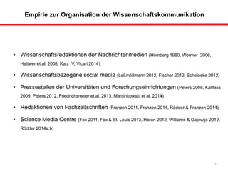 Empirie zur Organisation der Wissenschaftskommunikation
11
• Wissenschaftsredaktionen der Nachrichtenmedien (Hömberg 1980, Wormer 2006,
Hettwer et al. 2008, Kap. IV, Vicari 2014)
• Wissenschaftsbezogene social media (Leßmöllmann 2012, Fischer 2012, Scheloske 2012)
• Pressestellen der Universitäten und Forschungseinrichtungen (Peters 2008, Kallfass
2009, Peters 2012, Friedrichsmeier et al. 2013, Marcinkowski et al. 2014)
• Redaktionen von Fachzeitschriften (Franzen 2011, Franzen 2014, Rödder & Franzen 2014)
• Science Media Centre (Fox 2011, Fox & St. Louis 2013, Haran 2012, Williams & Gajewijc 2012,
Rödder 2014a,b)
 