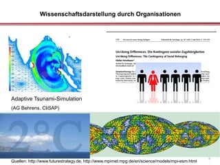 Wissenschaftsdarstellung durch Organisationen
8
Quellen: http://www.futurestrategy.de, http://www.mpimet.mpg.de/en/science/models/mpi-esm.html
Adaptive Tsunami-Simulation
(AG Behrens, CliSAP)
 