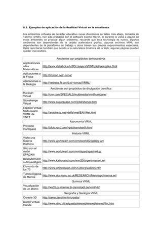 6.1. Ejemplos de aplicación de la Realidad Virtual en la enseñanza.
Los ambientes virtuales de carácter educativo cuyas direcciones se listan más abajo, tomados de
Talkmit (1998), han sido probados con el software Cosmo Player. Si durante la visita a alguno de
estos ambientes se produce algun problema, recuerde que esta tecnología es nueva, algunos
ambientes son dependientes de la tarjeta aceleradora gráfica, algunos archivos VRML son
dependientes de la plataforma de trabajo y otros tienen sus propios requerimientos especiales.
Debe recordarse también que debido a la naturaleza dinámica de la Web, algunas páginas pueden
quedar inaccesibles.
Ambientes con propósitos demostrativos
Applicaciones
a las
Matemáticas
http://www.dsl.whoi.edu/DSL/sayers/VRMLplot/examples.html
Aplicaciones a
la Física
http://id.mind.net/~zona/
Aplicaciones a
la Biología
http://verbena.fe.uni-lj.si/~tomaz/VRML/
Ambientes con propósitos de divulgación científica
Huracán
Virtual
http://cnn.com/SPECIALS/multimedia/vrml/hurricane/
Stonehenge
Virtual
http://www.superscape.com/intel/shenge.htm
Espacio Virtual
Multiusuario
VRML de
VNET
http://ariadne.iz.net/~jeffs/vnet/EAIVNet.html
Astronomía VRML
Proyecto
IrishSpace
http://pluto.njcc.com/~paulsam/earth.html
Historia VRML
Visite una
Galería
Histórica
http://www.worldwar1.com/vrml/world02/gallery.wrl
Sitio con el
Avión
SPADXIII
http://www.worldwar1.com/vrml/spad/spad.wrl.gz
Descubrimient
o Arqueológico
http://www.kahunanui.com/vrml20/urgentmission.wrl
El mundo de
los 70
http://www.officetowers.com/Cyborg/webcity.htm
Tumba Egipcia
de Menna
http://www.doc.mmu.ac.uk/RESEARCH/Menna/pc/menna.wrl
Química VRML
Visualización
de un átomo
http://ws05.pc.chemie.th-darmstadt.de/vrml/vib/
Geografía y Geología VRML
Croacia 3D http://petra.zesoi.fer.hr/croatia/
Dublin Virtual,
Irlanda
http://www.dmc.dit.ie/guests/eirenet/eirenet/eirenet/thic.htm
 